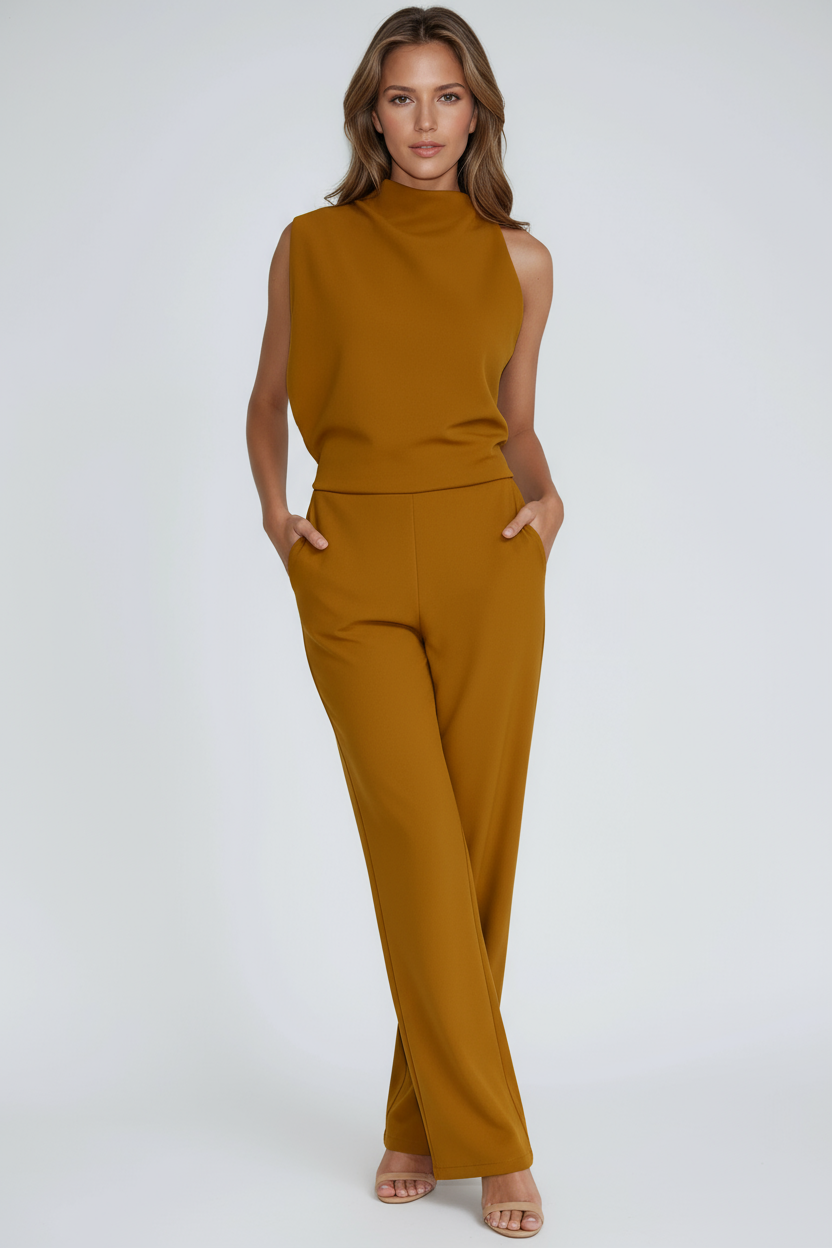 Fabric texture and bodice detail of women's asymmetric fashion jumpsuit