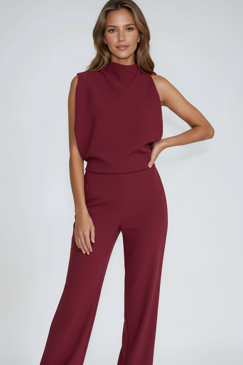 Close-up of one-shoulder neckline detail on women's evening jumpsuit
