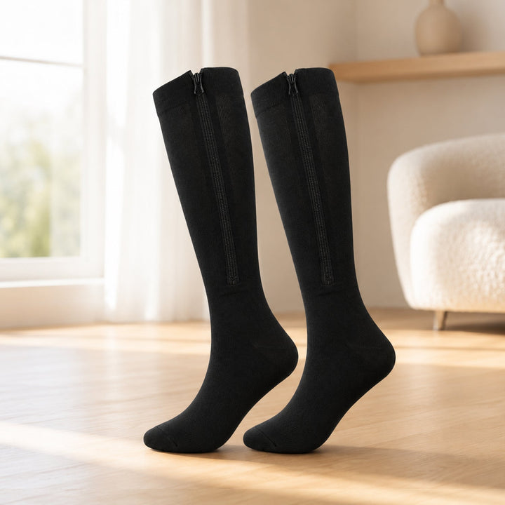 Close-up of the reinforced toe and heel on circulation support compression socks for daily wear.