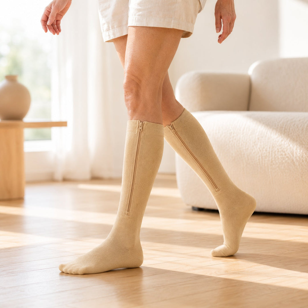 A woman walking indoors wearing beige zip-up compression socks.