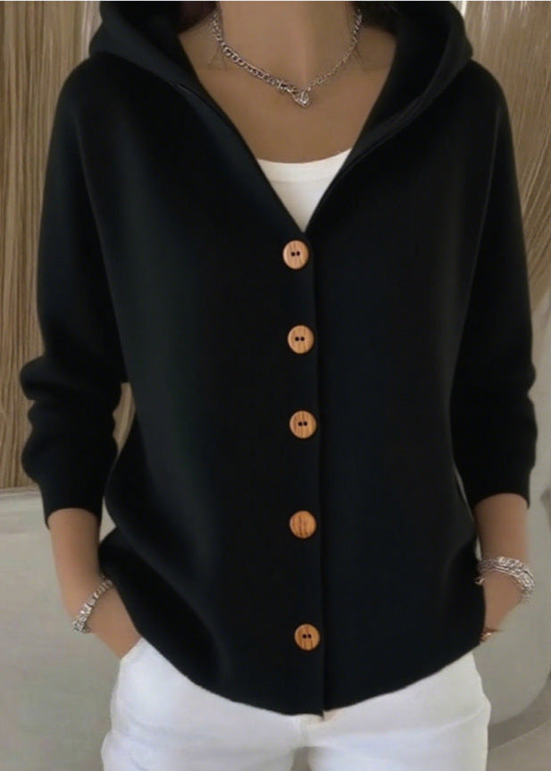 Styled outfit featuring women's hooded knit cardigan layering piece