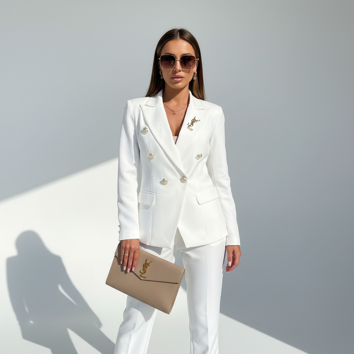 Full length view of the elegant two-piece suit ready for formal occasions