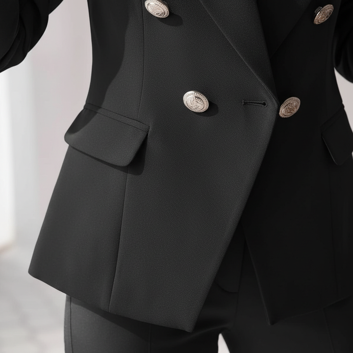 Close-up detail of the double-breasted metallic buttons and lapel on the black tailored blazer