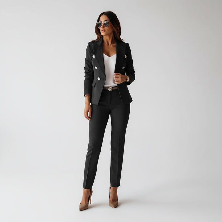 Womens two-piece tailored blazer set showcasing structured shoulders and lapels