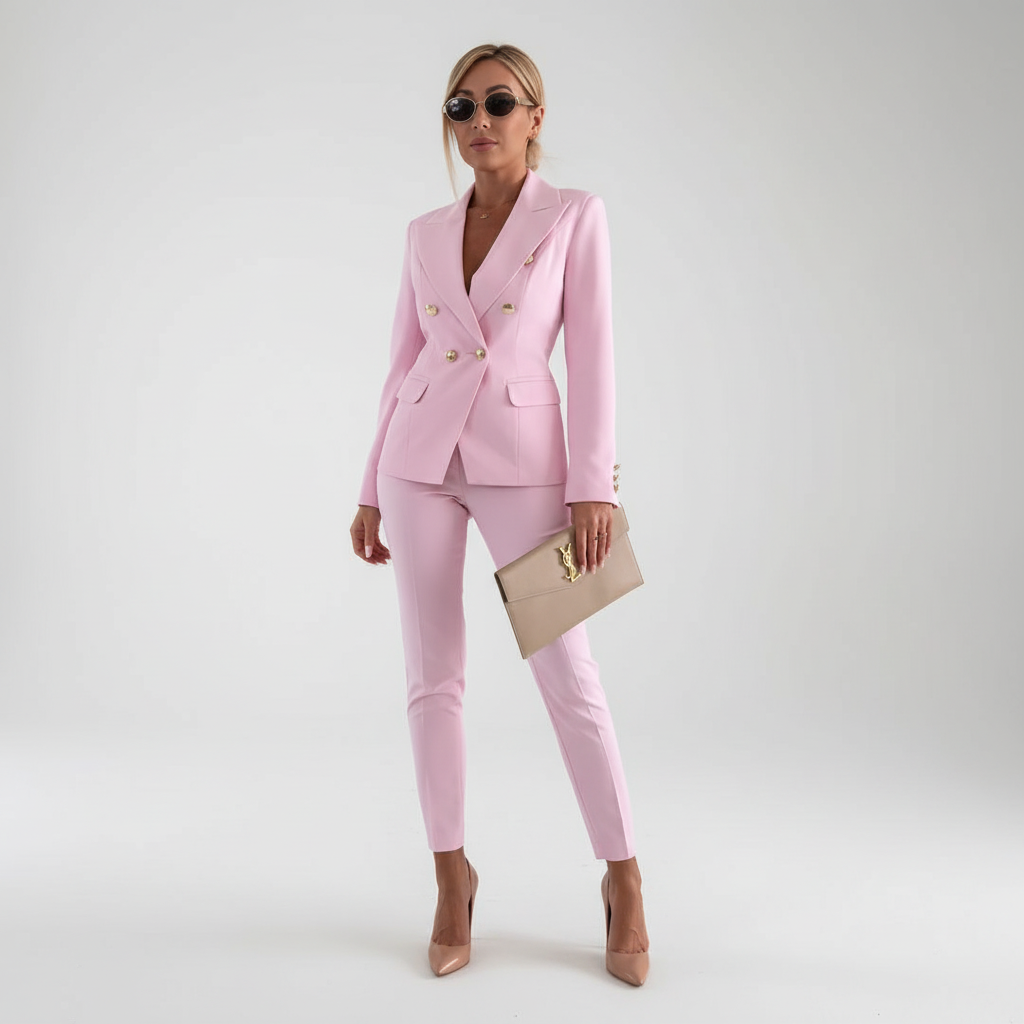 Office wear two piece set viewed from the side highlighting the slim fit trousers