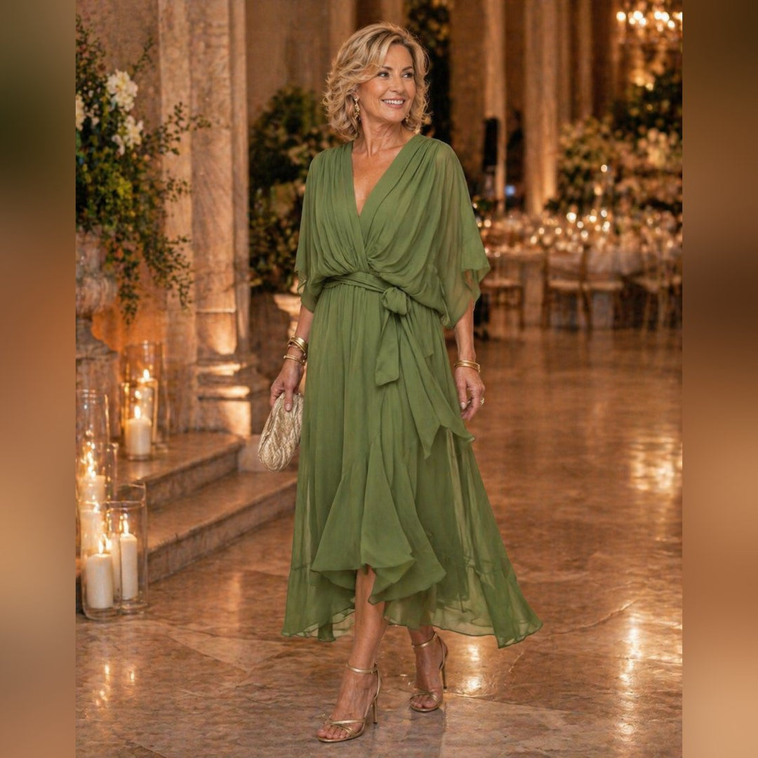 Back view of the stylish V-neck dress for women, elegant party wear
