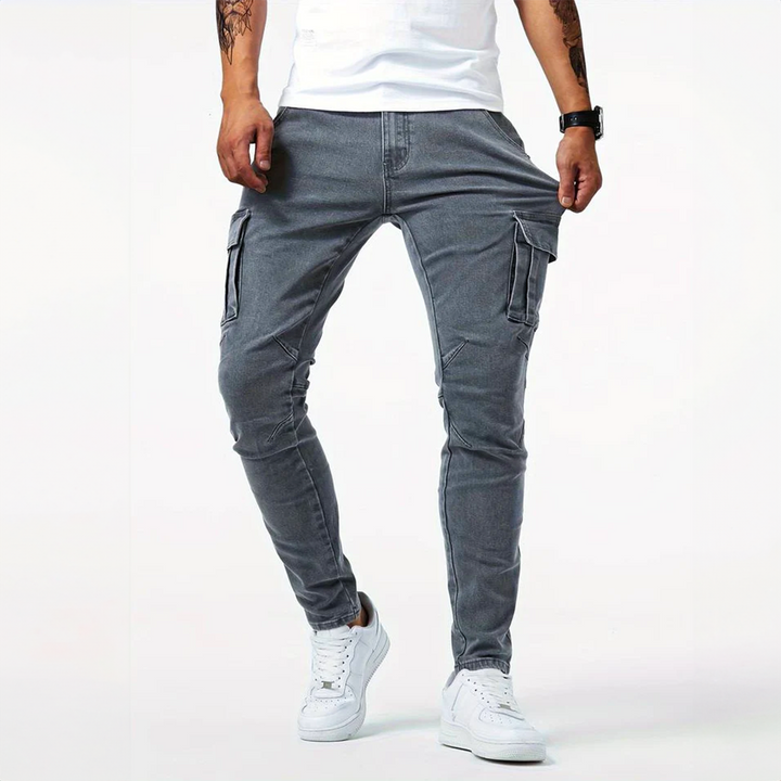 Close-up of stretch fabric feature on grey cargo denim pants