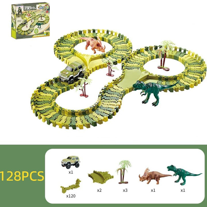 Dinosaurs theme flexible race track set with green pieces and toy figures