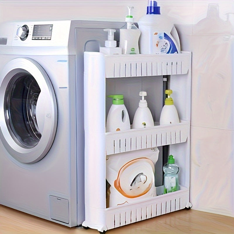 Small slim storage trolley placed beside a washing machine in a laundry room