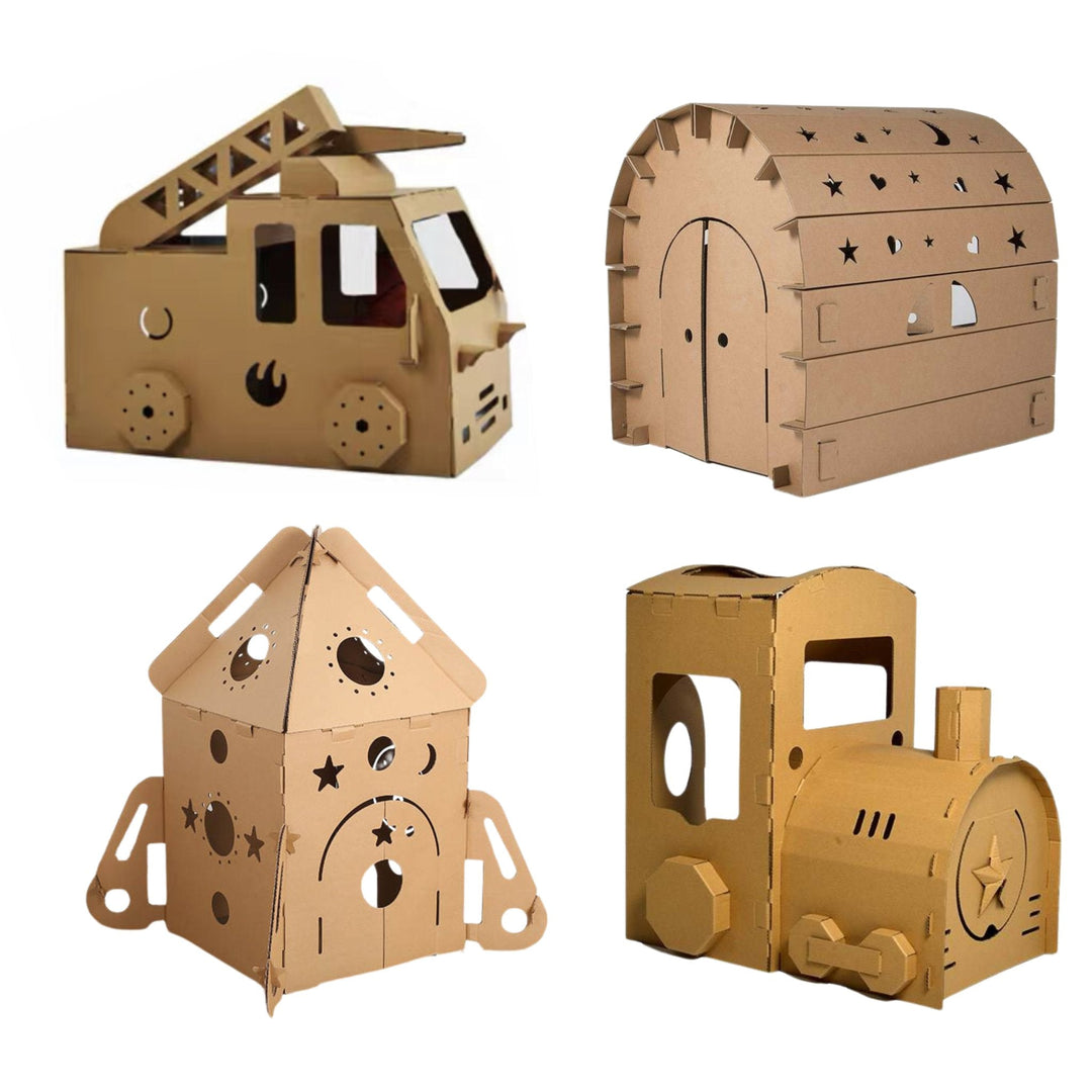 Four assorted DIY cardboard building set models including house, rocket, locomotive, and fire truck