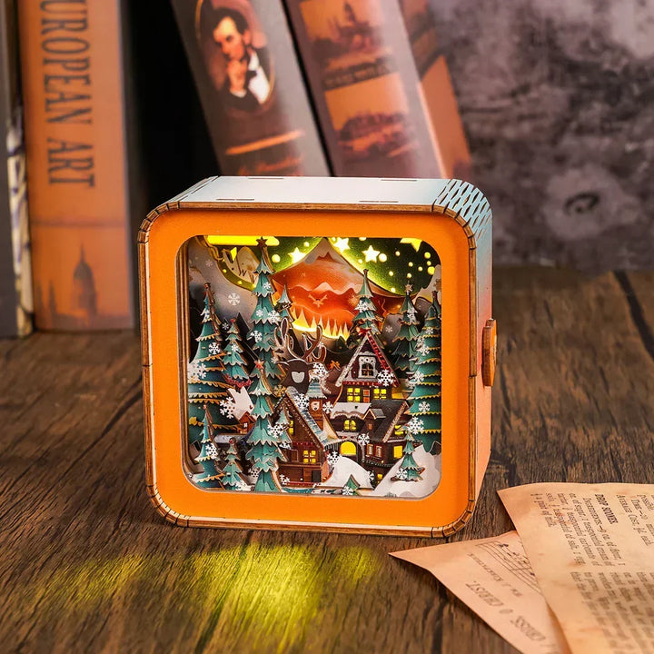 Festive3D wooden puzzle displayed nicely next to books and vintage notes