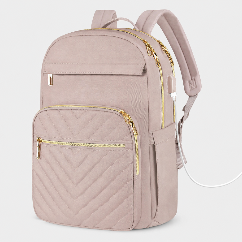 Durable black laptop backpack for women with multiple compartments and a convenient USB charger.
