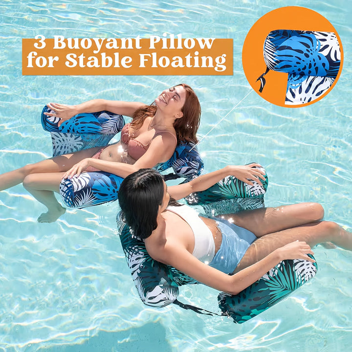 Women enjoying blue and green tropical print pool float loungers on a sunny day