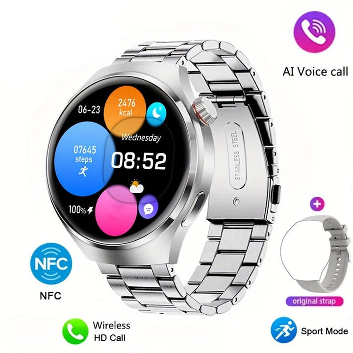Bluetooth smartwatch for men paired with a smartphone displaying notifications.