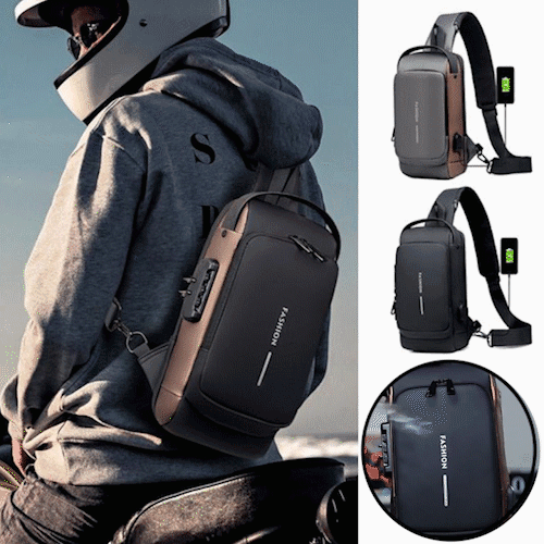 Unisex anti-theft crossbody bag in sleek black, front view showcasing modern design.