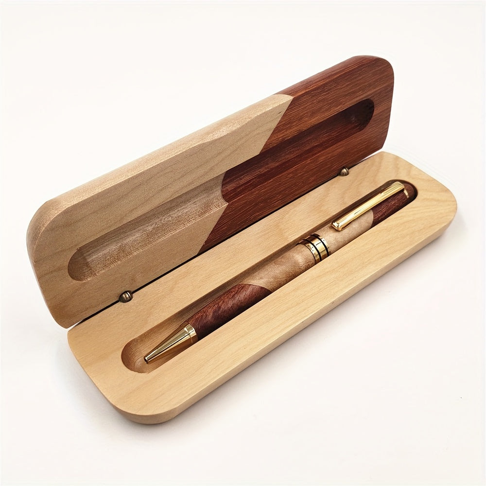 Open wooden pen box displaying a matching luxury ballpoint pen inside