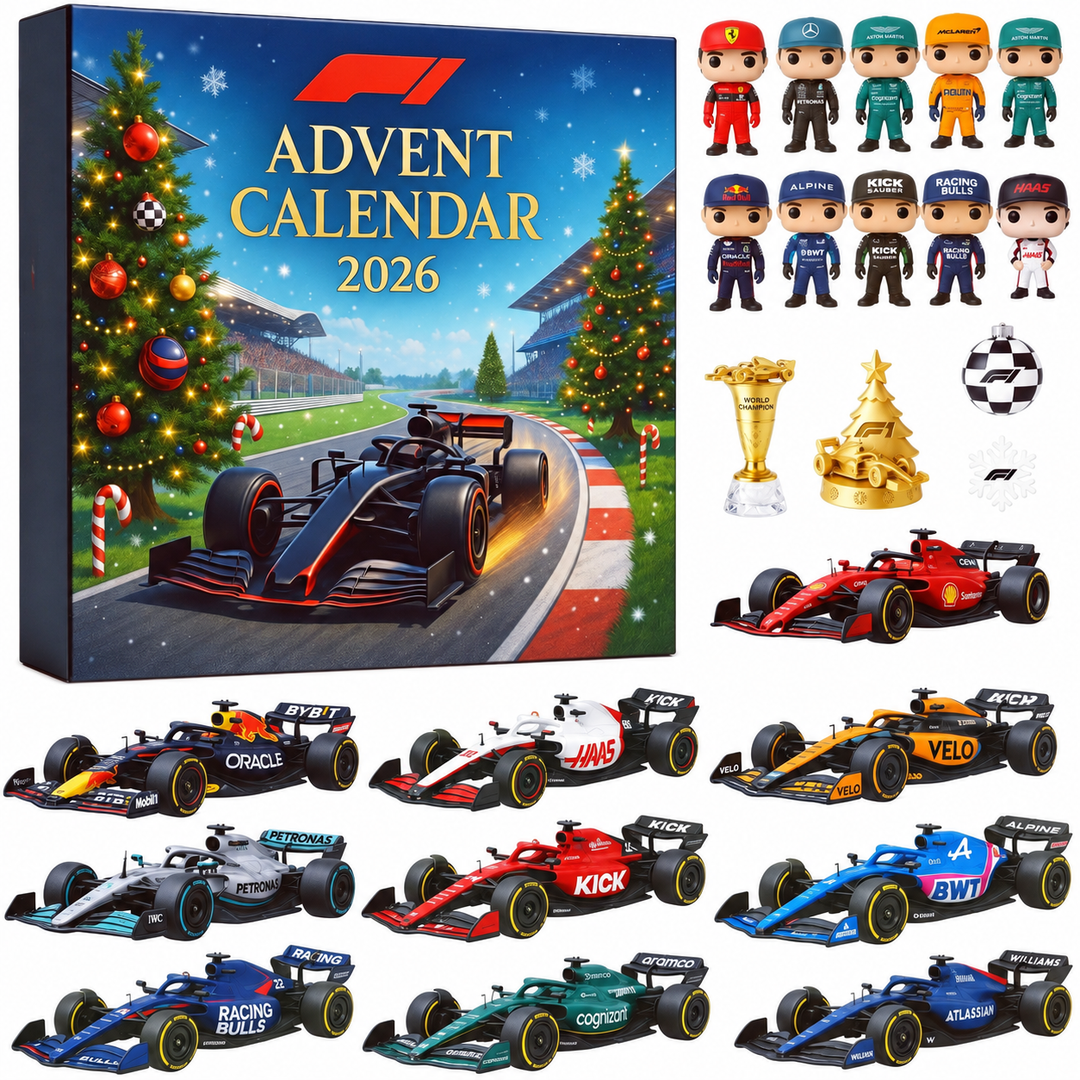 Formula 1 Racing Legends 2026 Advent Calendar box with miniature cars and driver figurines