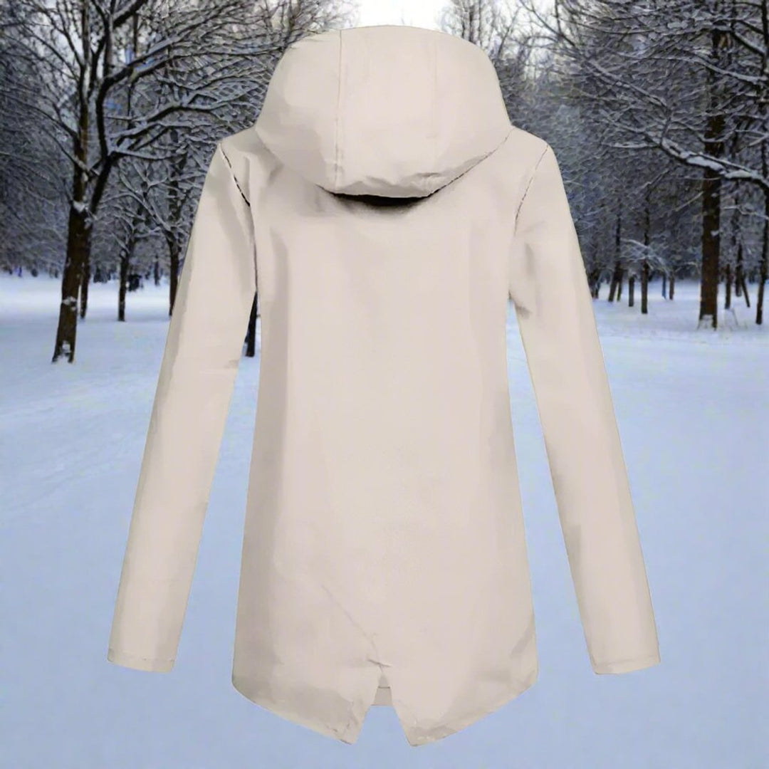 Apricot waterproof hooded rain jacket back view showing curved hem