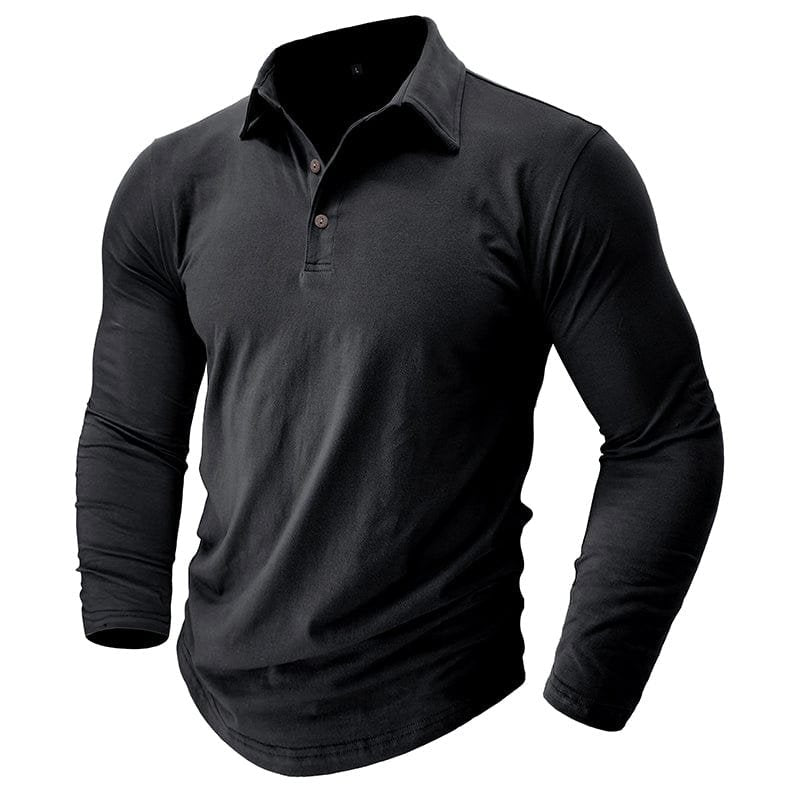 Men's fashion polo shirt featuring a classic spread collar and long sleeves.