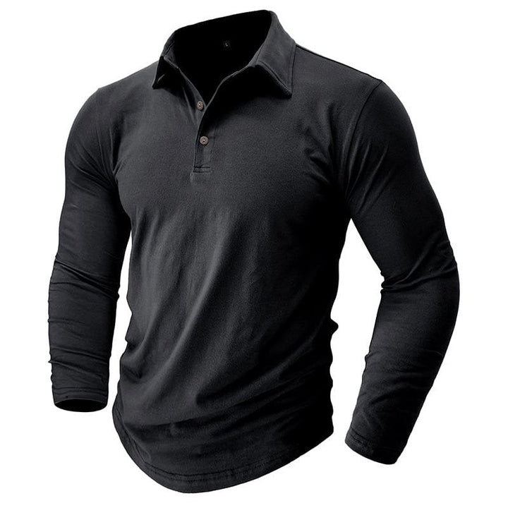 Men's fashion polo shirt featuring a classic spread collar and long sleeves.