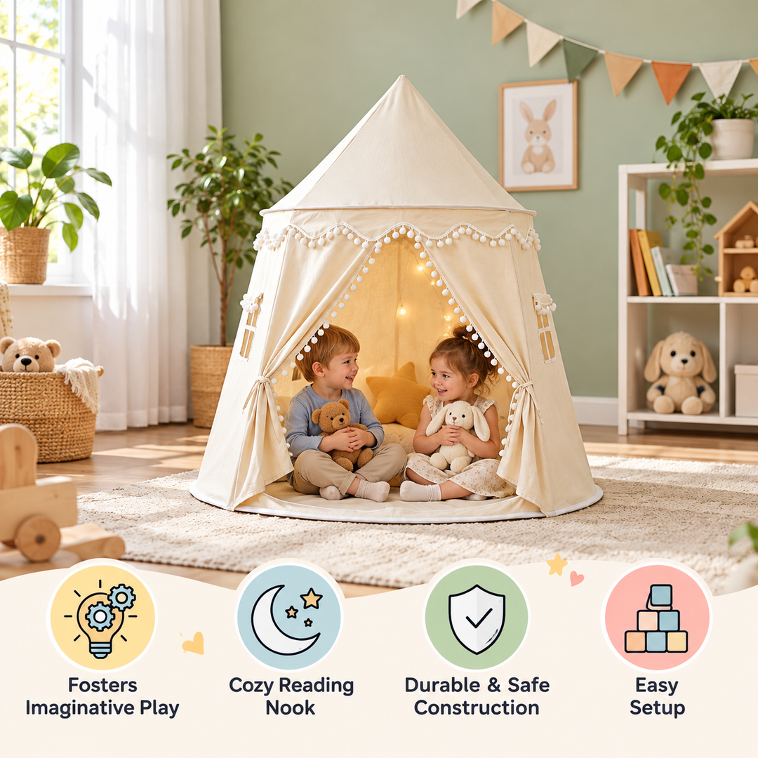 Beige kids play tent featuring children inside with stuffed animals and feature icons