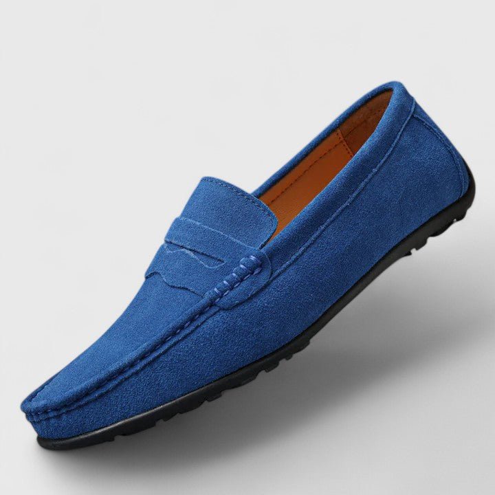 Men's blue comfort loafers sleek profile view