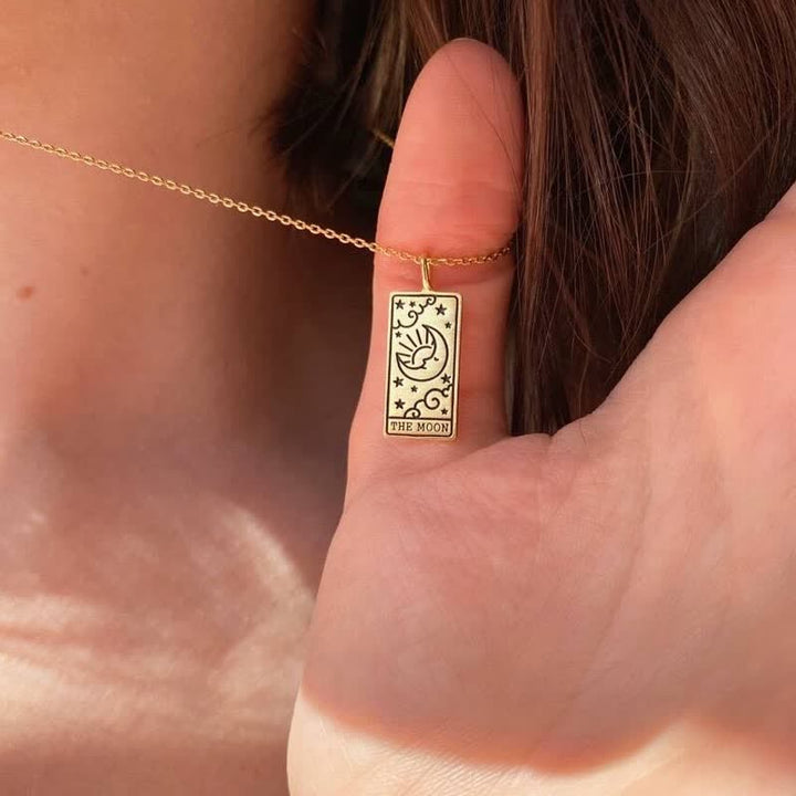 Gold vintage tarot card necklace with spiritual luck charm pendant