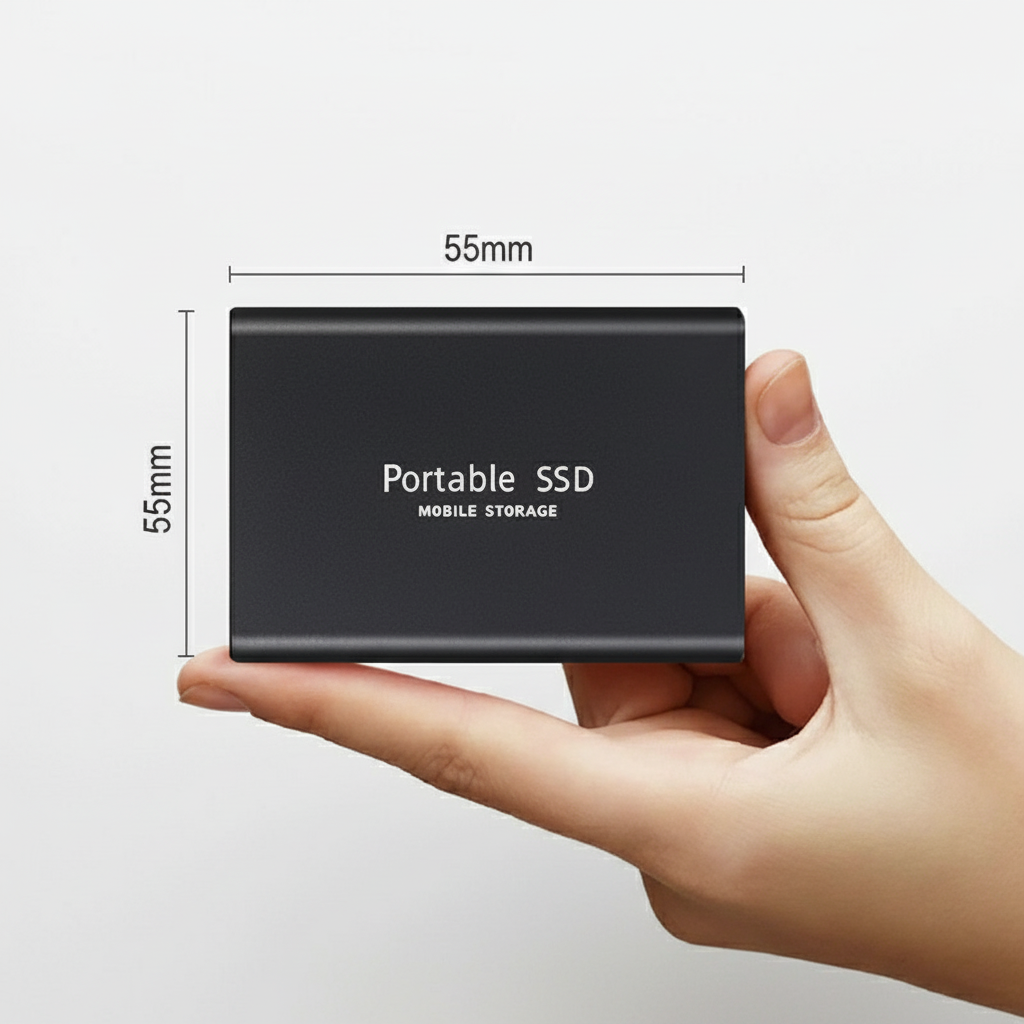 Top view of portable external solid state drive displaying minimalist branding design