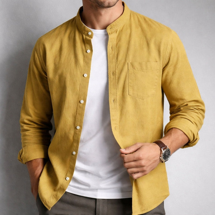 Side profile of men's structured long sleeve shirt