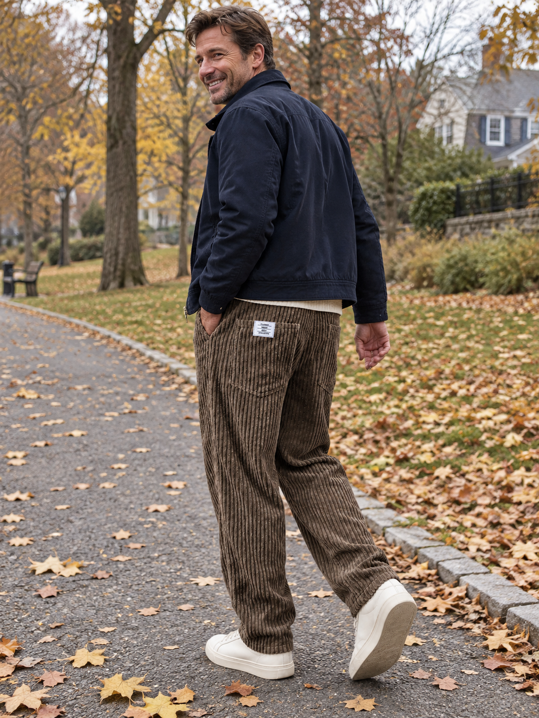 Side view of mens casual straight leg trousers with soft fabric