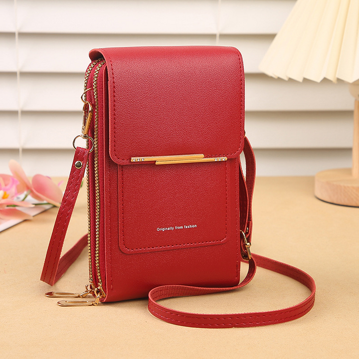 Complete womens crossbody phone bag set showcased with strap fully extended