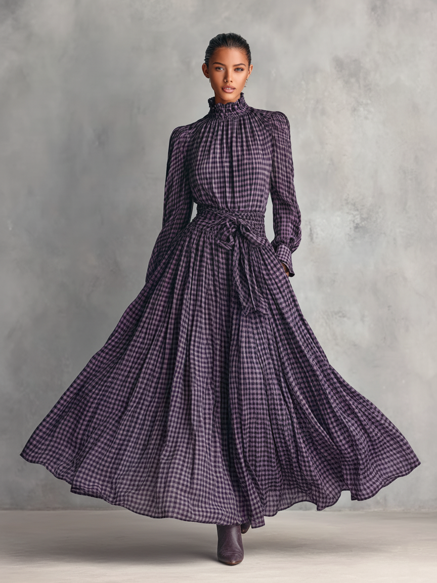 Model wearing the purple plaid blouse and skirt set