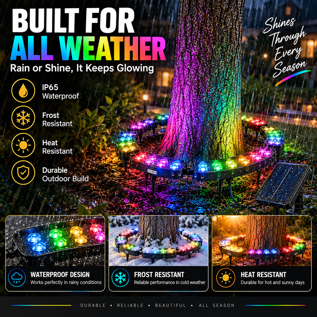 Close-up of the modular solar tree ring light showing vibrant RGB color options for garden decor