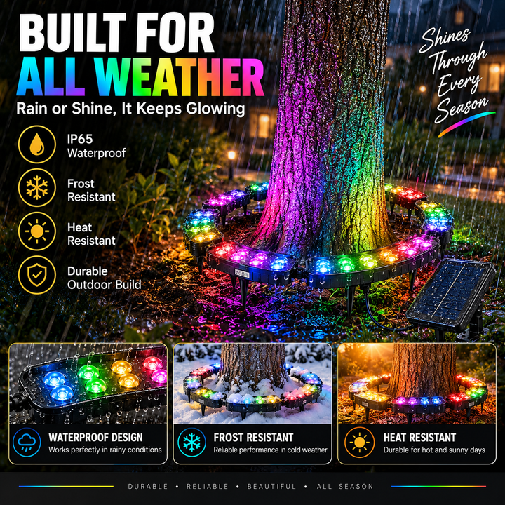 Close-up of the modular solar tree ring light showing vibrant RGB color options for garden decor
