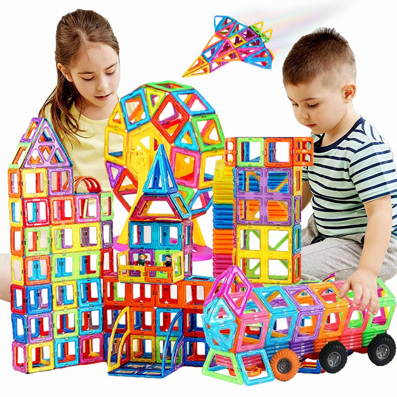 Kids creative educational magnetic building toy set with colorful geometric blocks