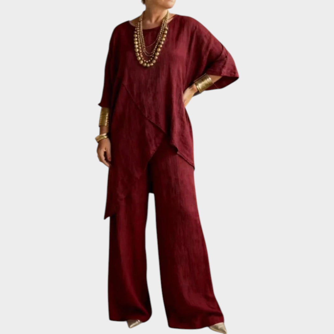 Detailed shot of the asymmetrical neckline and modern cut of the matching set