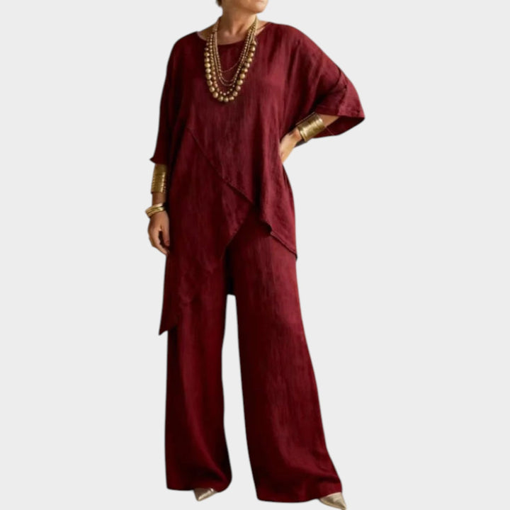 Detailed shot of the asymmetrical neckline and modern cut of the matching set