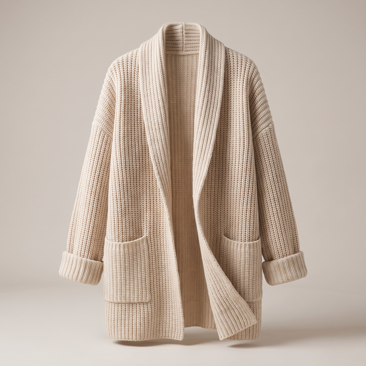 Full-length view of a cozy women's knit cardigan featuring long sleeves