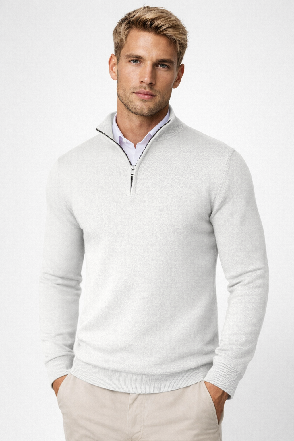 Side angle of mens half zip sweater showing modern tailored fit