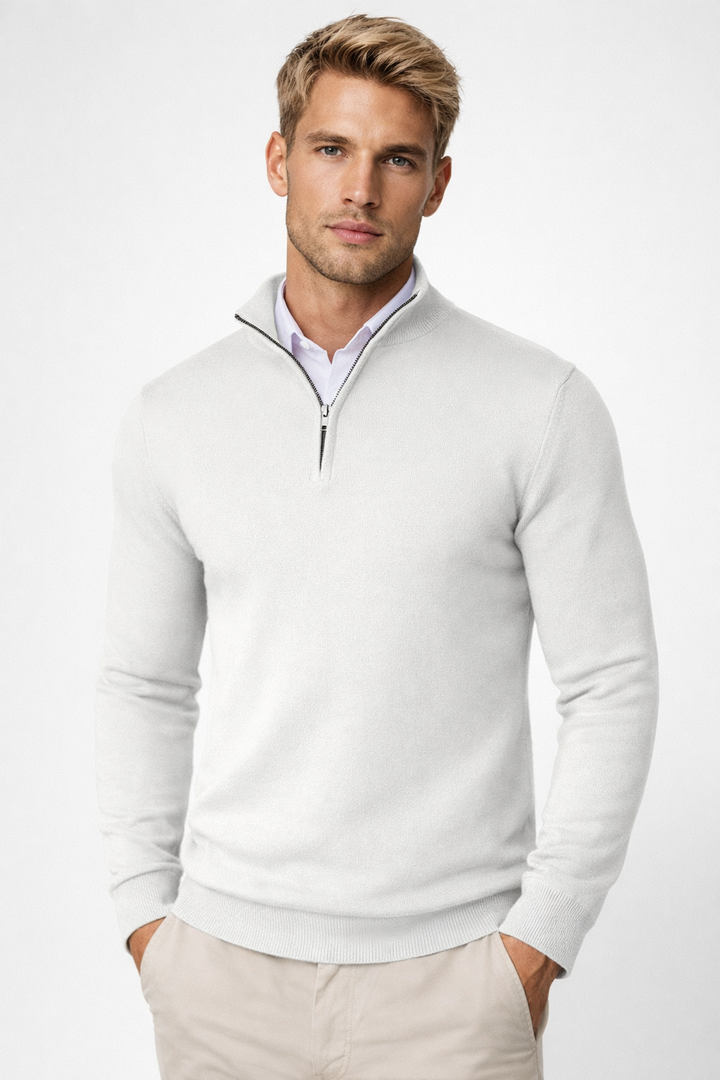 Side angle of mens half zip sweater showing modern tailored fit