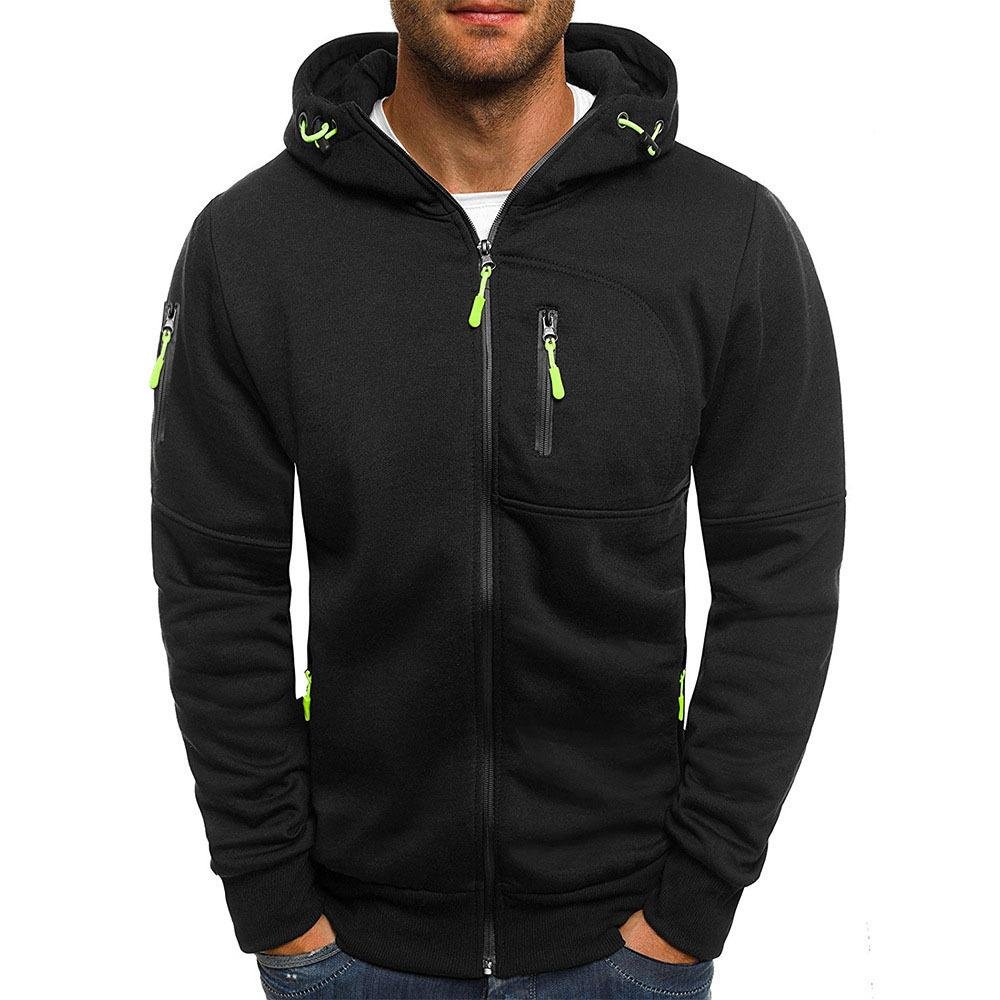 Close-up of the fabric texture and drawstring hood on men's casual hooded jacket