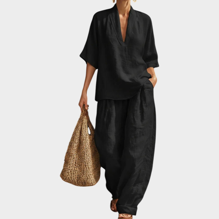 V-neck top and wide leg pants loungewear outfit for women