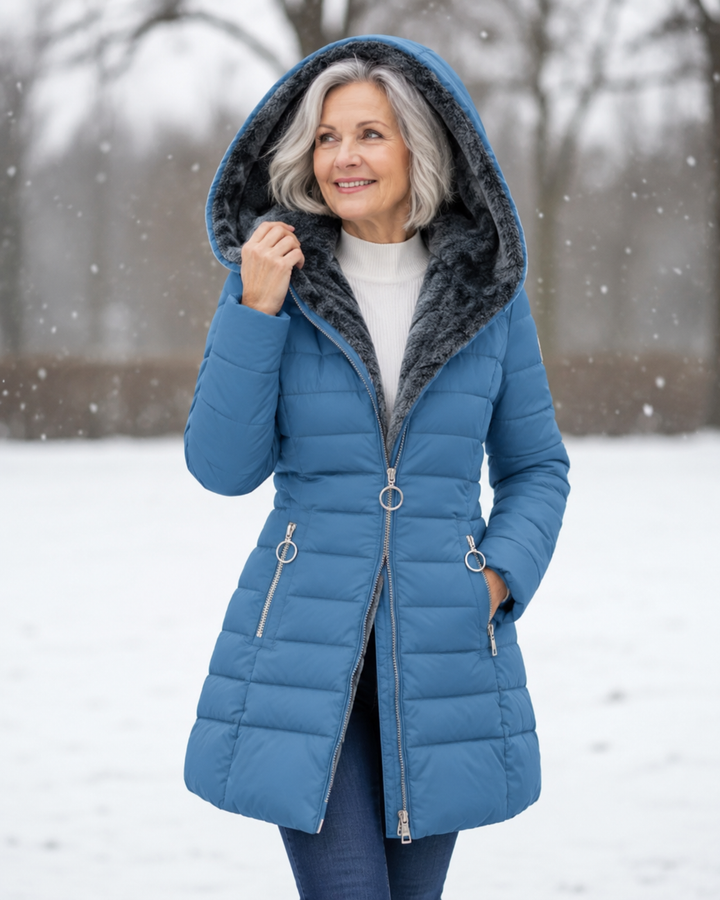 Back view of warm winter jacket for women with structured quilted pattern