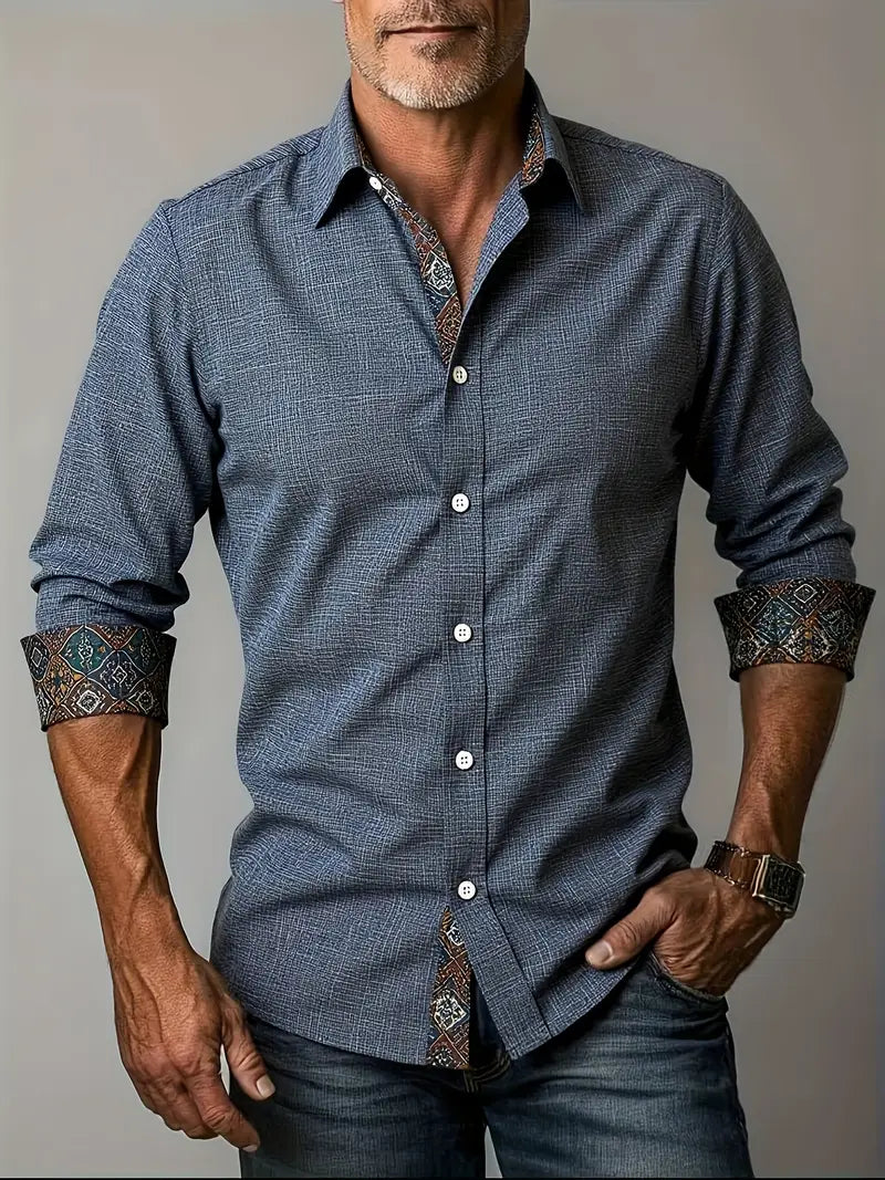 Back view of tailored long sleeve casual shirt for men showing slim fit silhouette