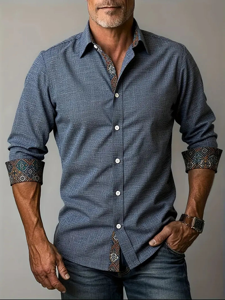 Back view of tailored long sleeve casual shirt for men showing slim fit silhouette