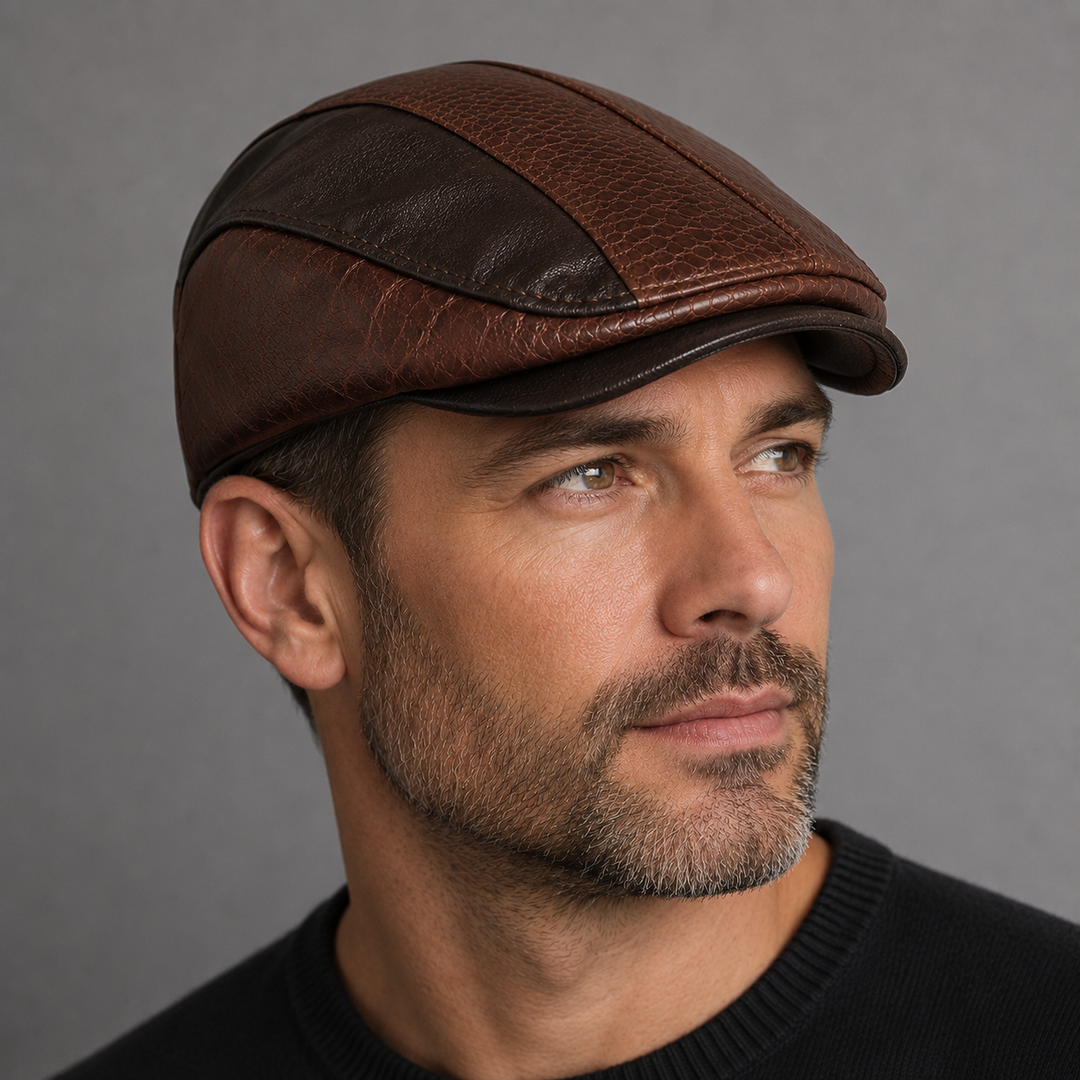 Back view of mens vintage textured driving cap and flat hat styling