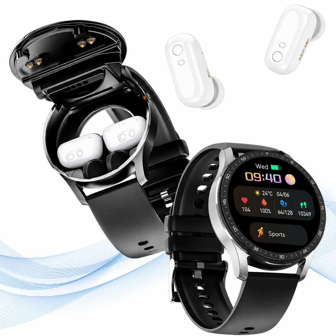 Black smartwatch with open compartment and white wireless earbuds
