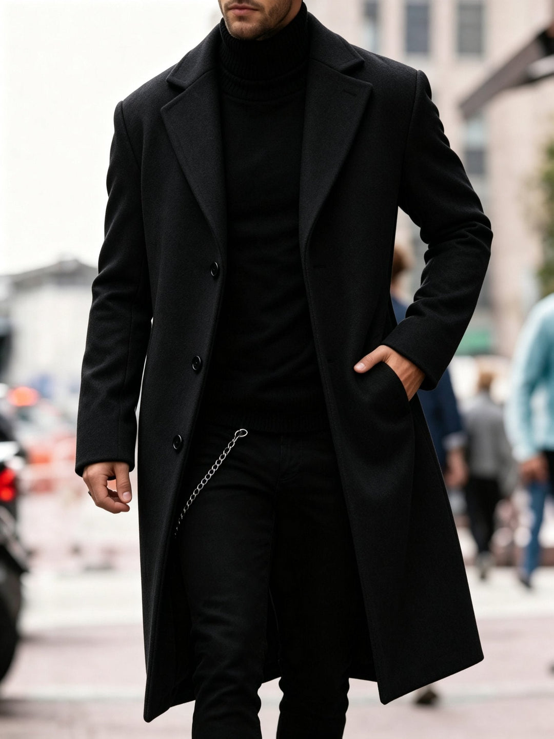 Detailed shot of the double-breasted tortoise-shell buttons on the men's outerwear.