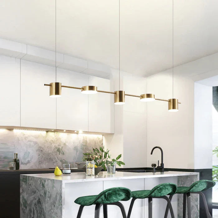 Dine-in area styled with two matching modern aluminium hanging lamps in a row