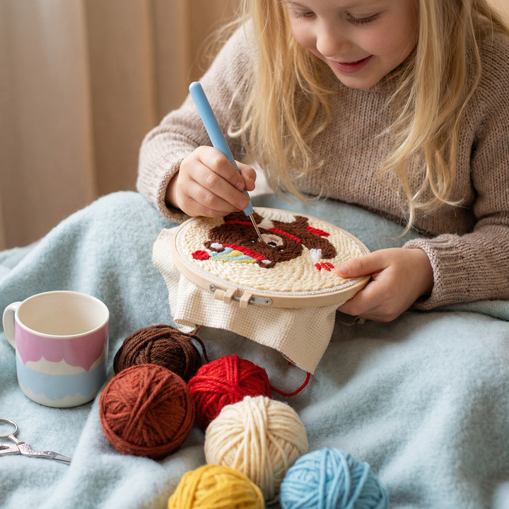Close-up of beginner punch needlework showing colorful yarn loops